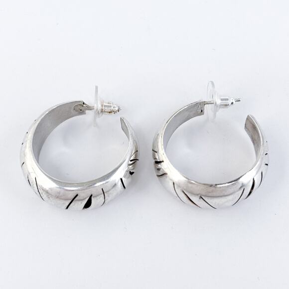 Vintage Mexico SU Sterling Silver 925 Engraved Wide Hoop Earrings - Picture 5 of 8